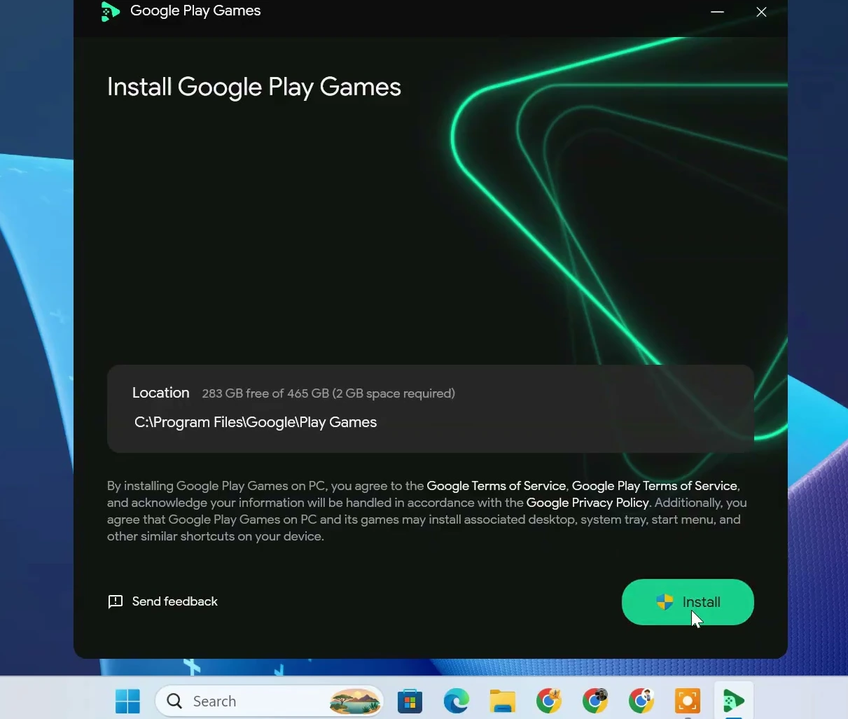 Google Play Games Windows installation window with Install button