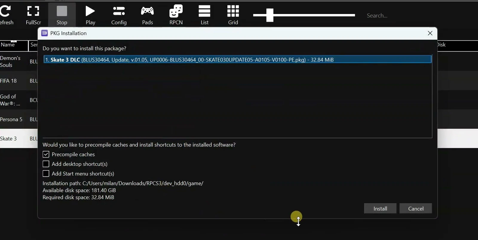 RPCS3 PKG Installation dialog confirming a selected game update package.