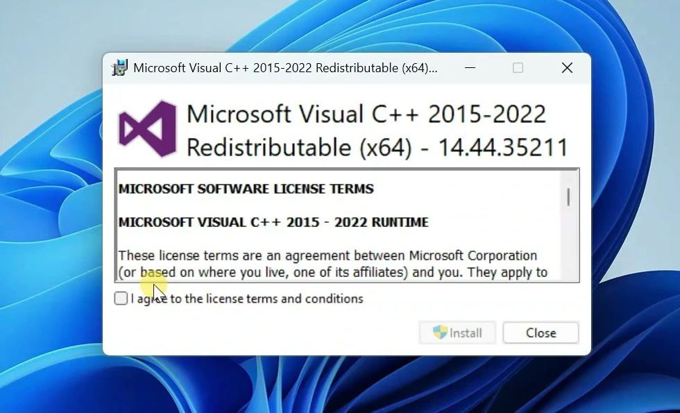 Microsoft Visual C++ 2015–2022 Redistributable x64 installer window.
