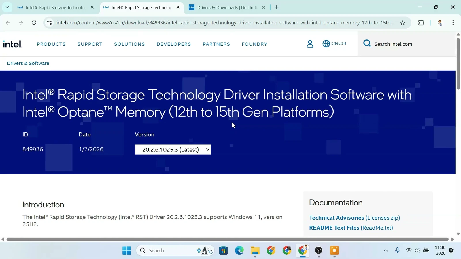Intel Rapid Storage Technology driver download page for newer Intel platforms