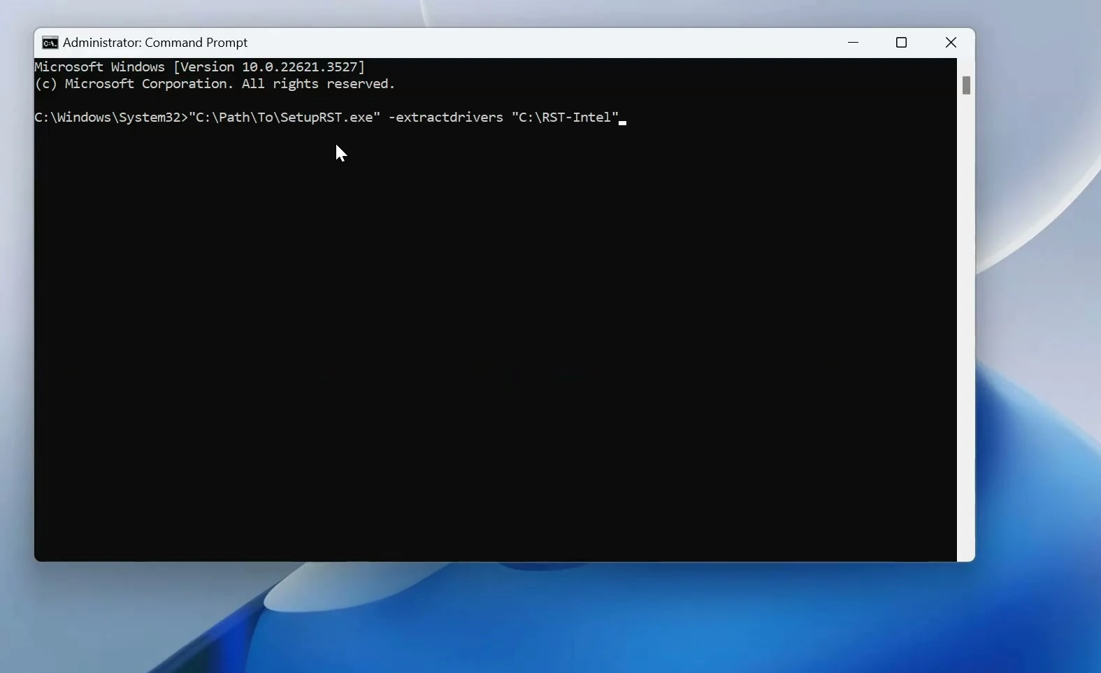Administrator Command Prompt with SetupRST driver extraction command