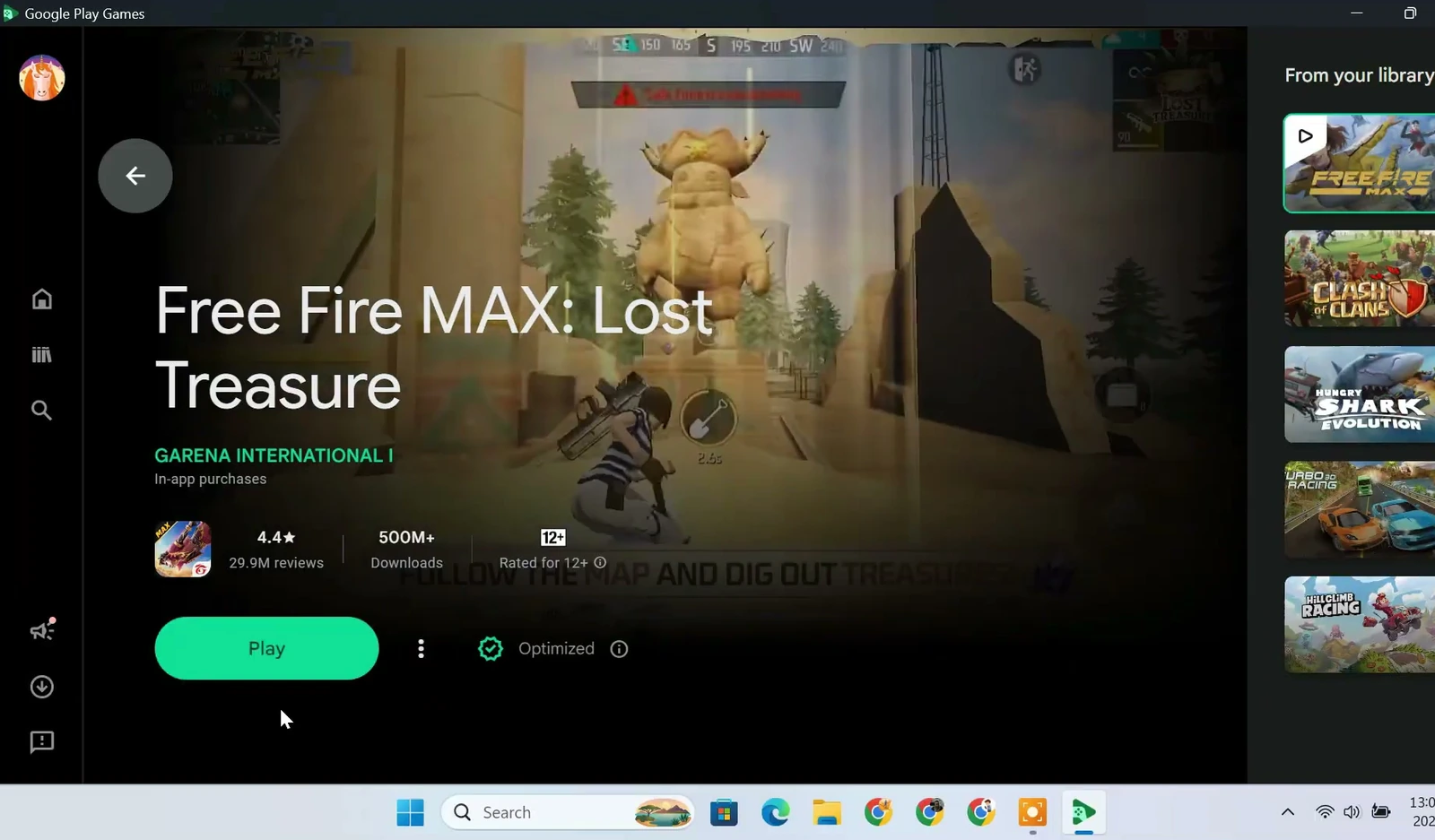 Free Fire MAX Lost Treasure game page with Play button in Google Play Games