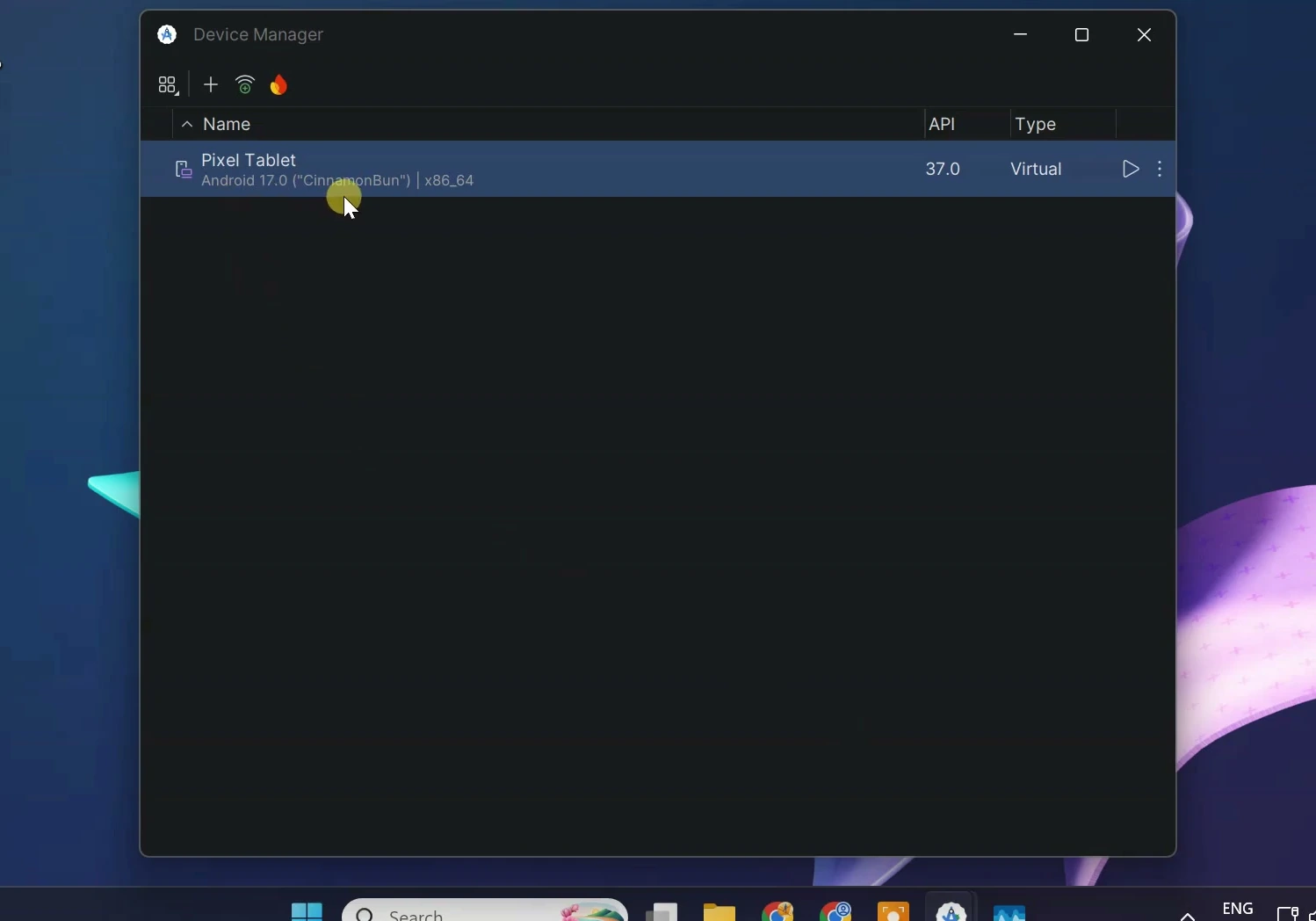 Android Studio Device Manager with an Android 17 Pixel Tablet and play button