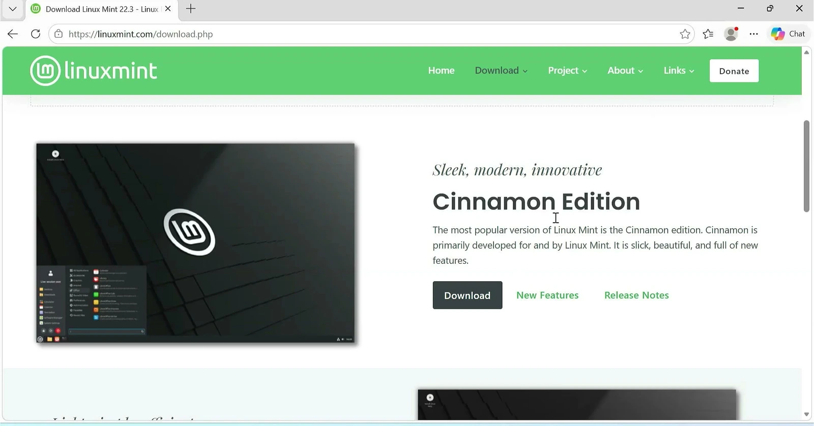 Linux Mint Cinnamon edition on the official download page