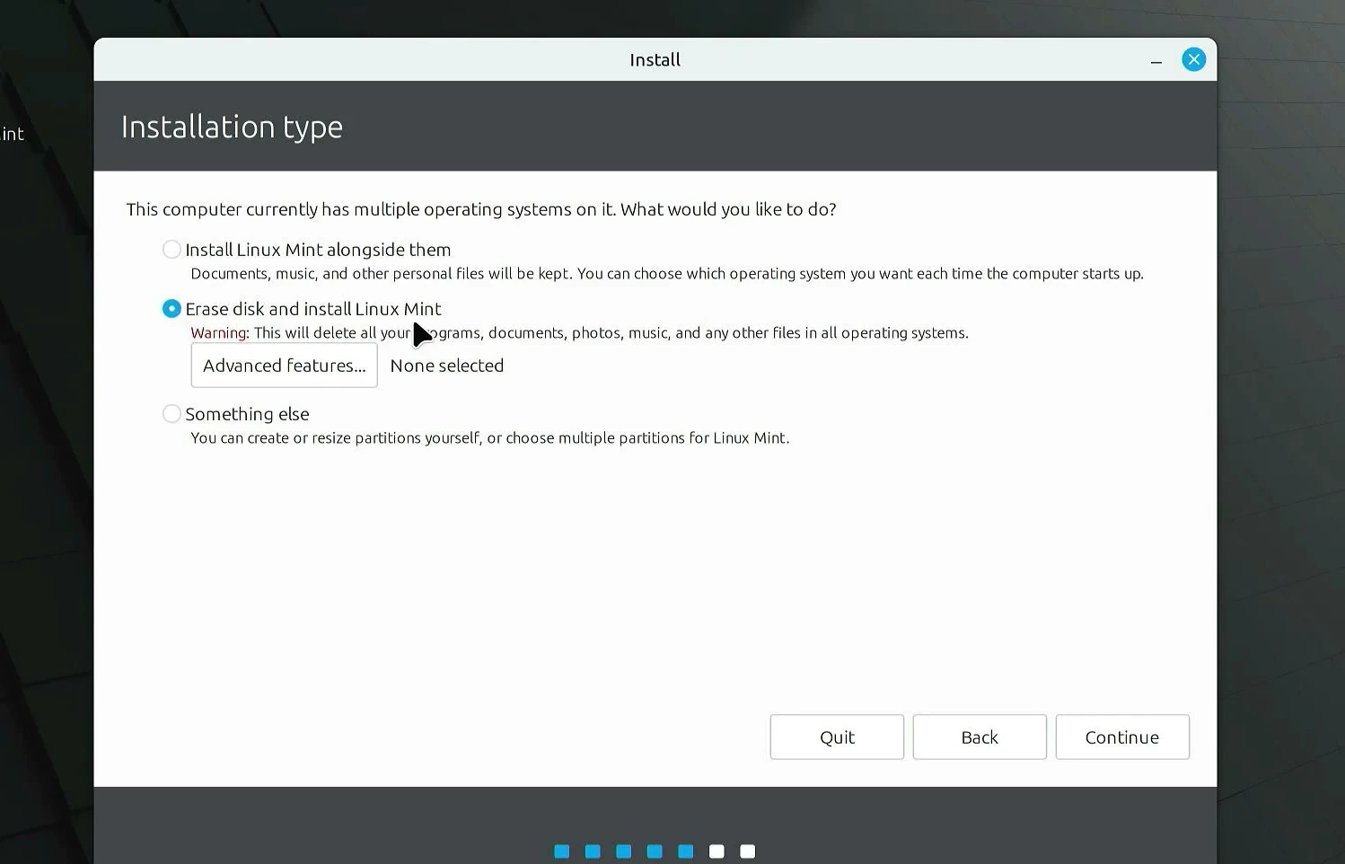 Erase disk and install Linux Mint selected in installation type screen