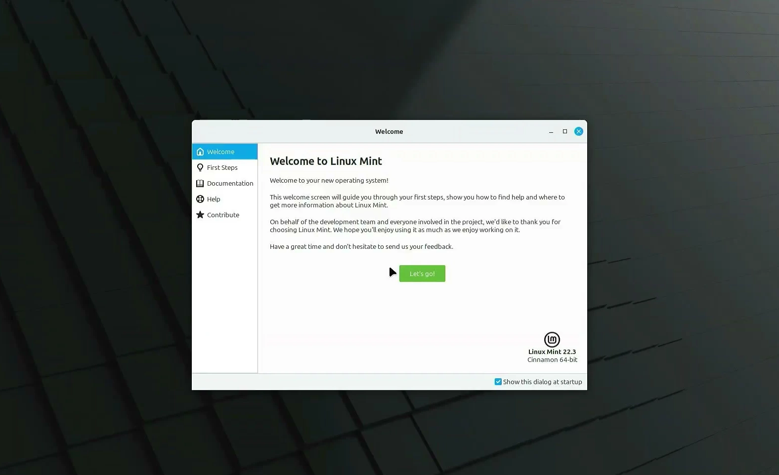 Welcome screen after Linux Mint is installed and restarted