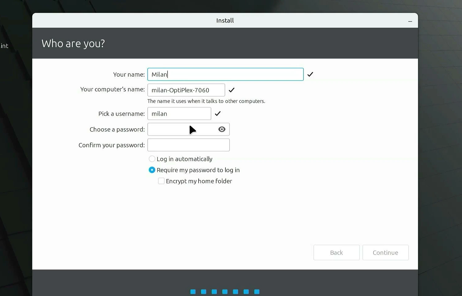 Linux Mint installer name username computer name and password fields