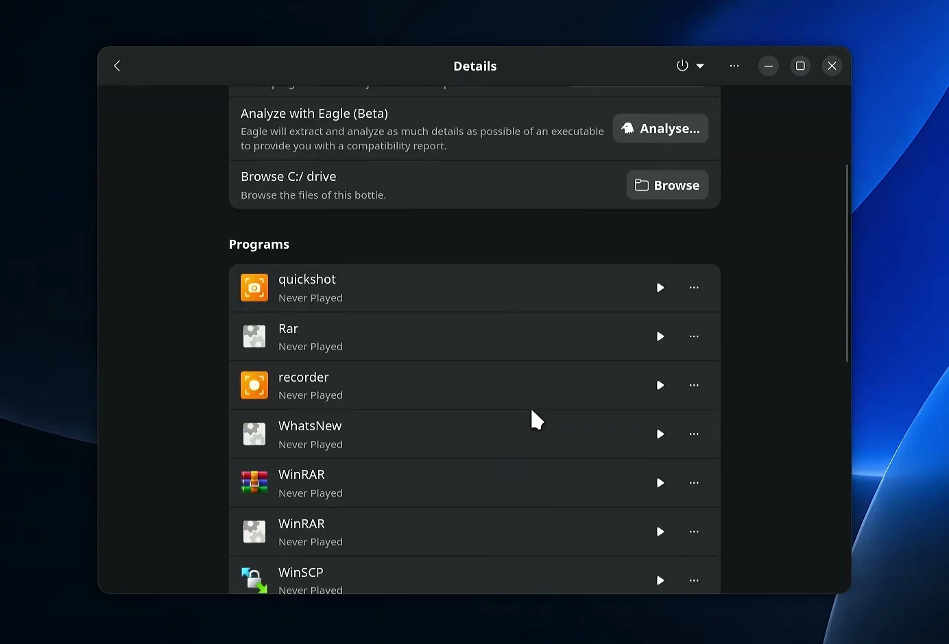 Bottles details page listing Windows programs including WinRAR and WinSCP on AnduinOS.