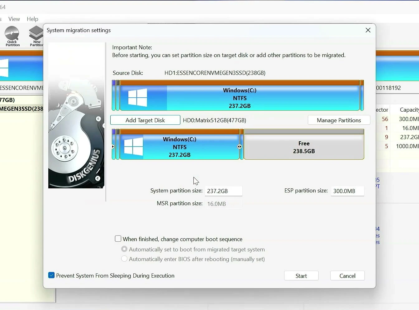 DiskGenius system migration settings showing the source Windows partition and target disk layout