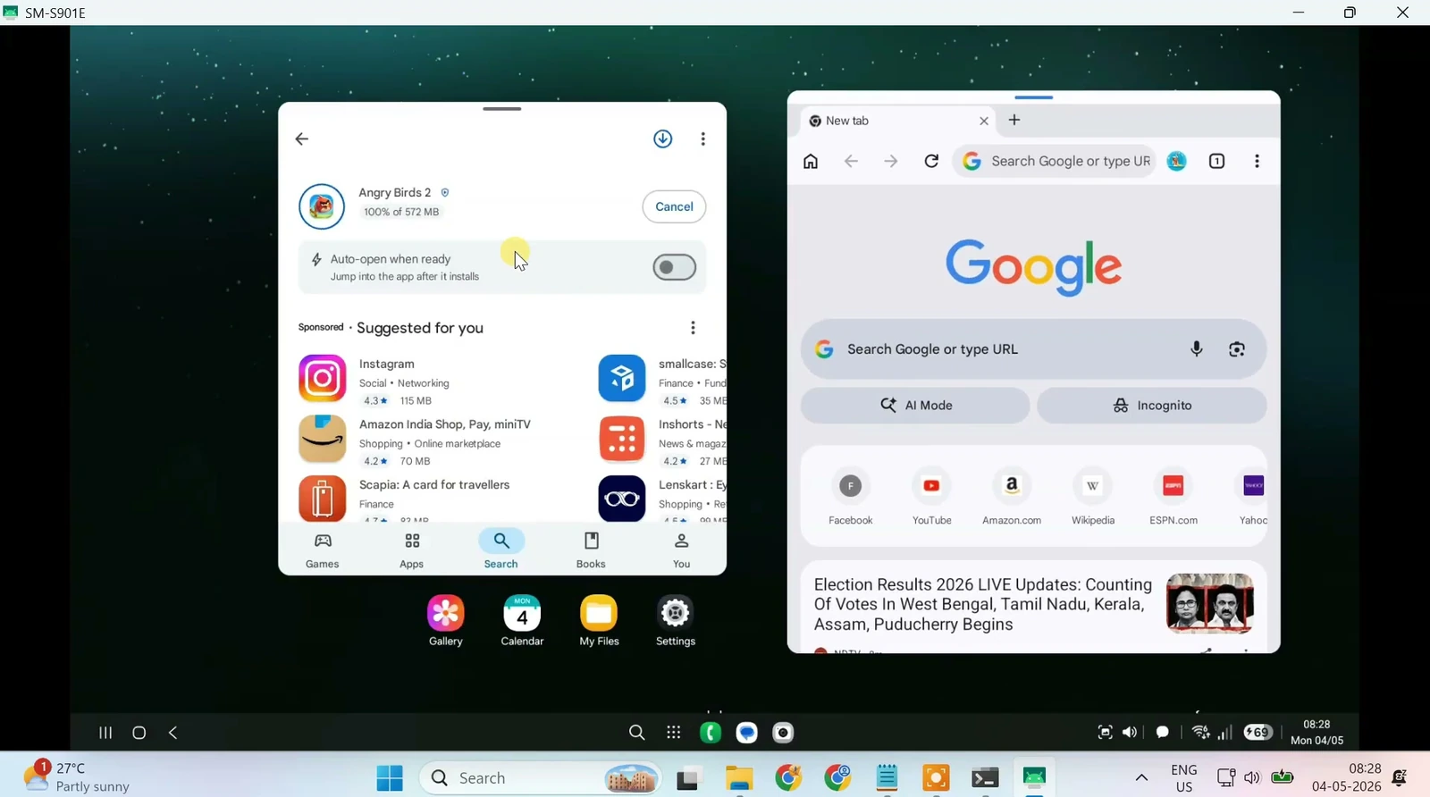 Google Play Store and Chrome open side by side in Android desktop mode via scrcpy