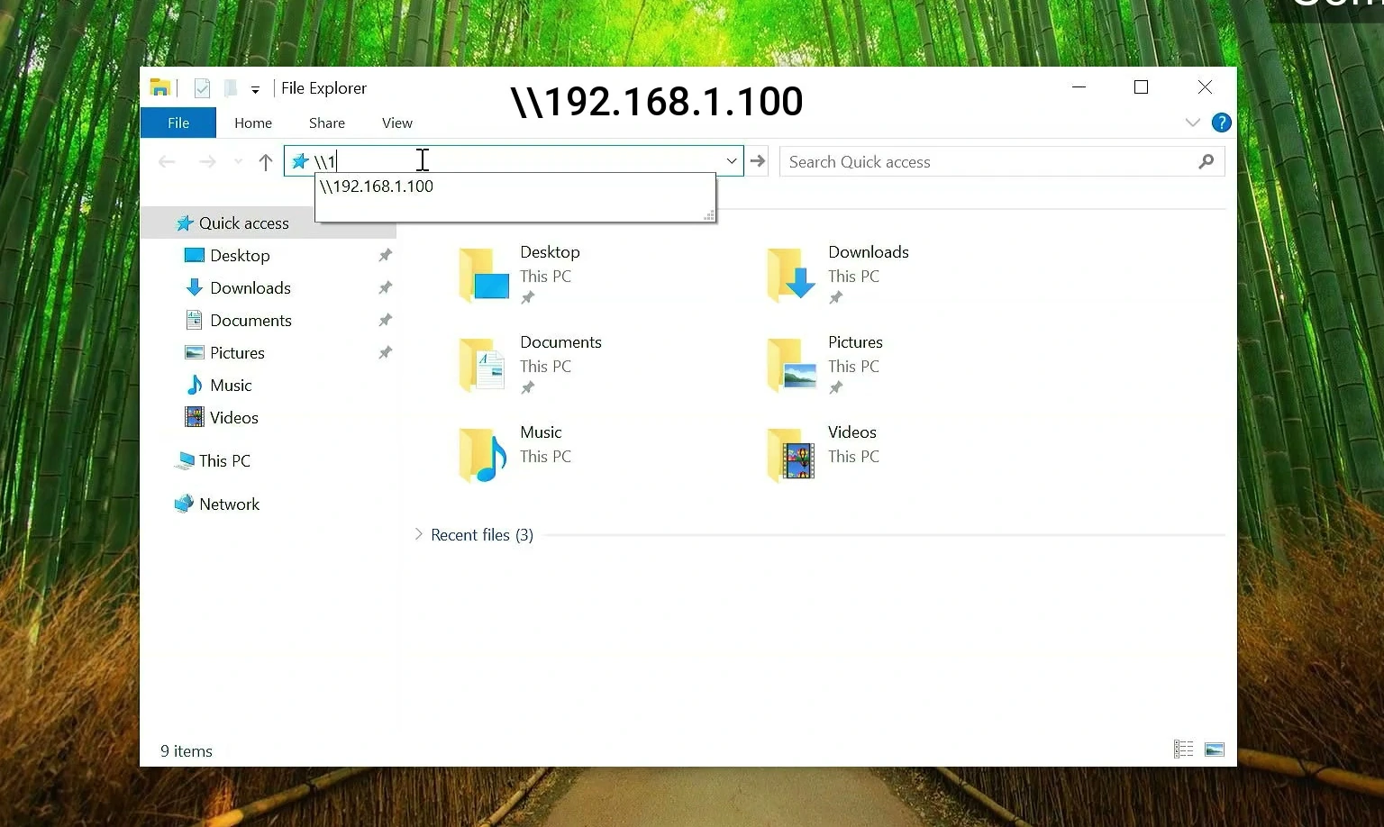 File Explorer on second PC browsing the first computer at its LAN IP address