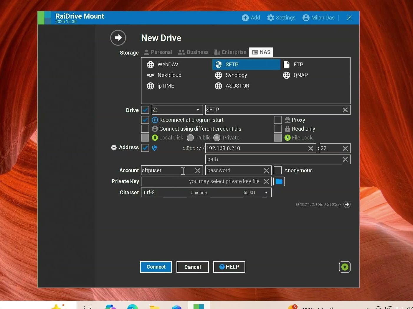 Choose SFTP under the NAS tab in RaiDrive