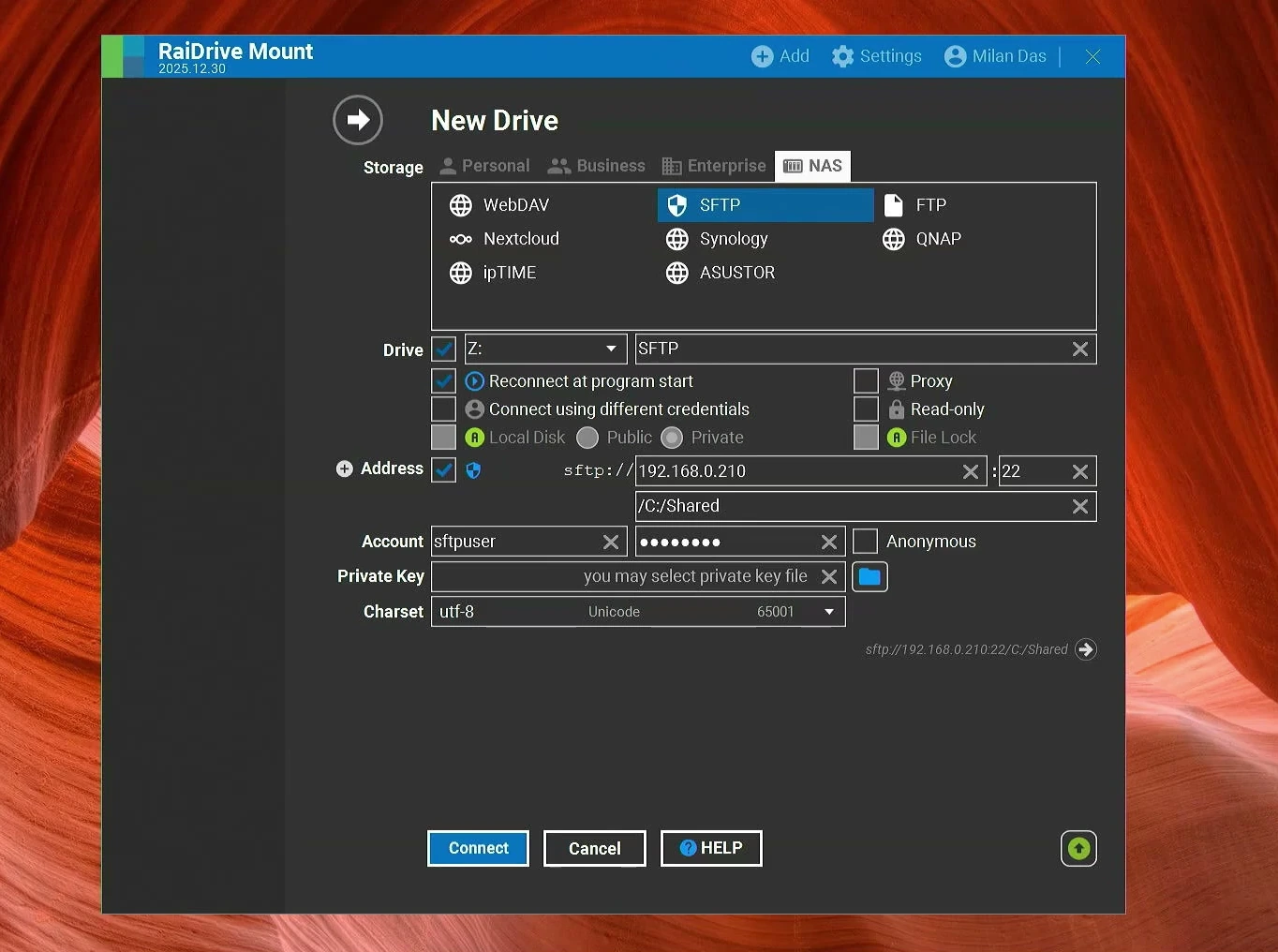 RaiDrive SFTP connection details including server address and the /C:/Shared path