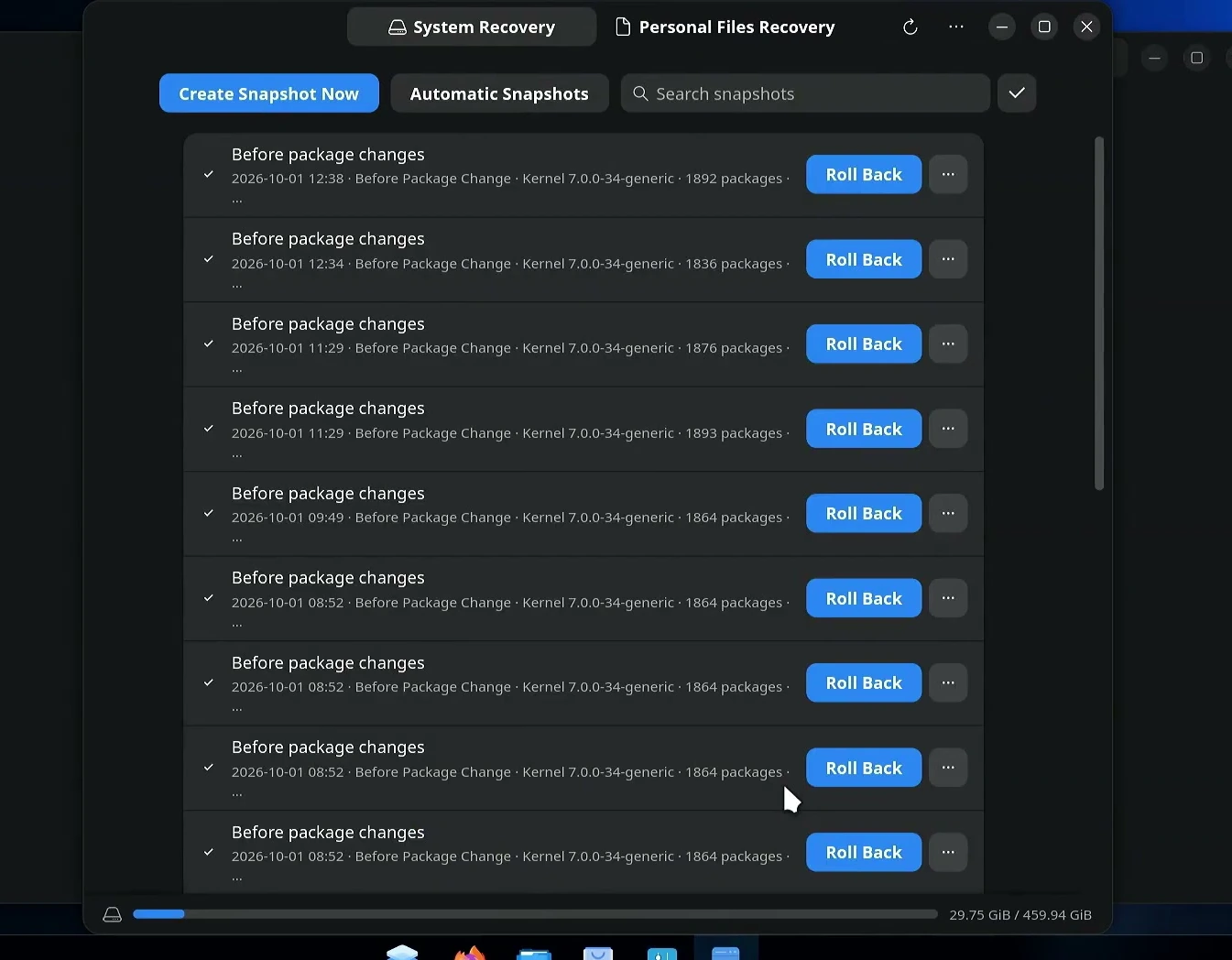 AnduinOS System Recovery list of automatic snapshots with Roll Back buttons.