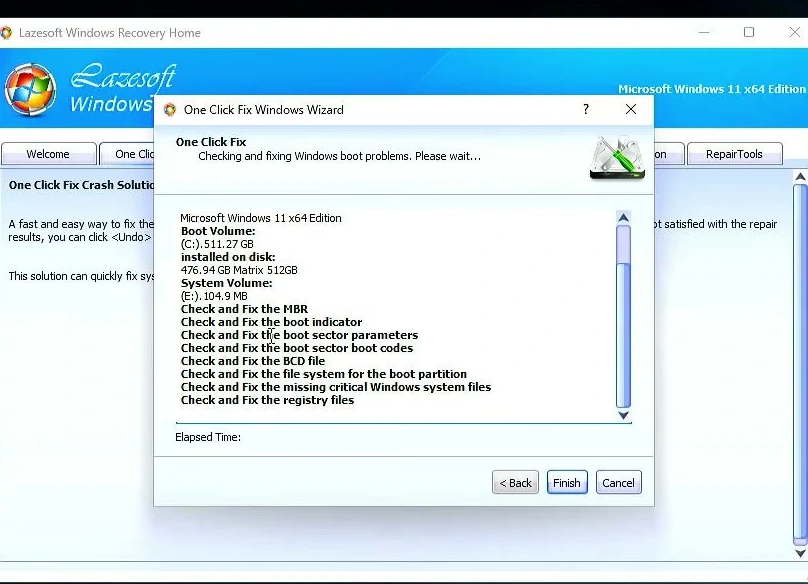 Lazesoft One Click Fix wizard checking a detected Windows 11 installation and boot components.