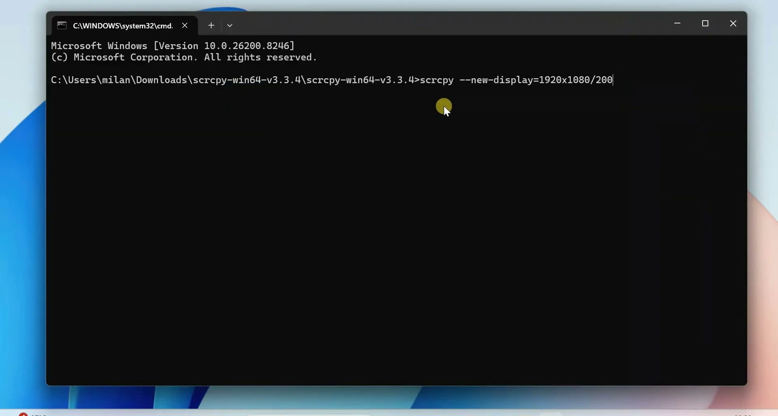 Windows Command Prompt with the scrcpy new-display 1920x1080/200 command