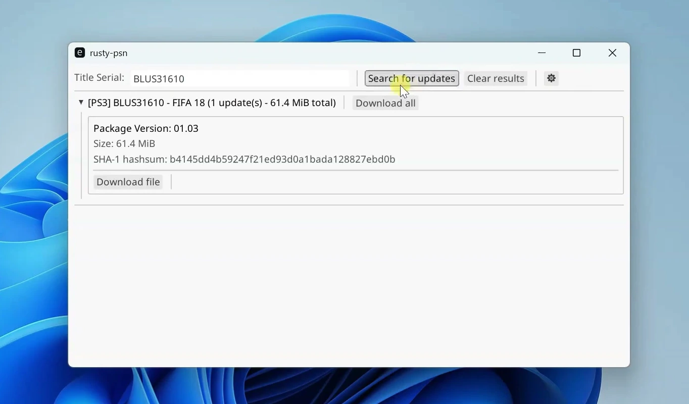 Rusty PSN searching updates for a PS3 title serial and showing an available package.