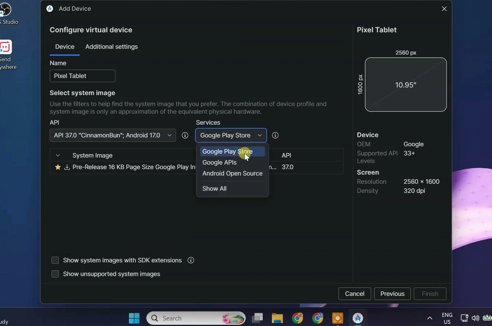 Android Studio system image selector set to Android 17 and Google Play Store
