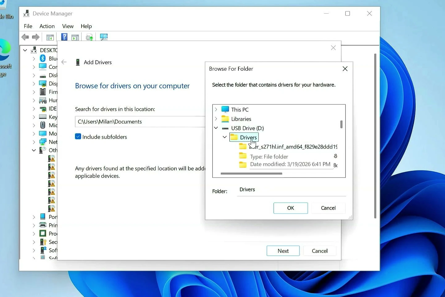 Browse for Folder dialog selecting the Windows drivers backup on a USB drive