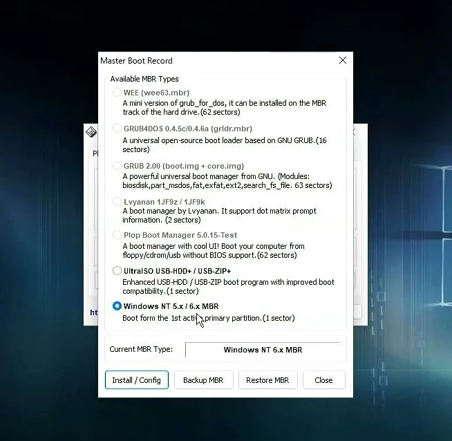 BootIce Master Boot Record dialog with the Windows NT 6.x MBR option selected.