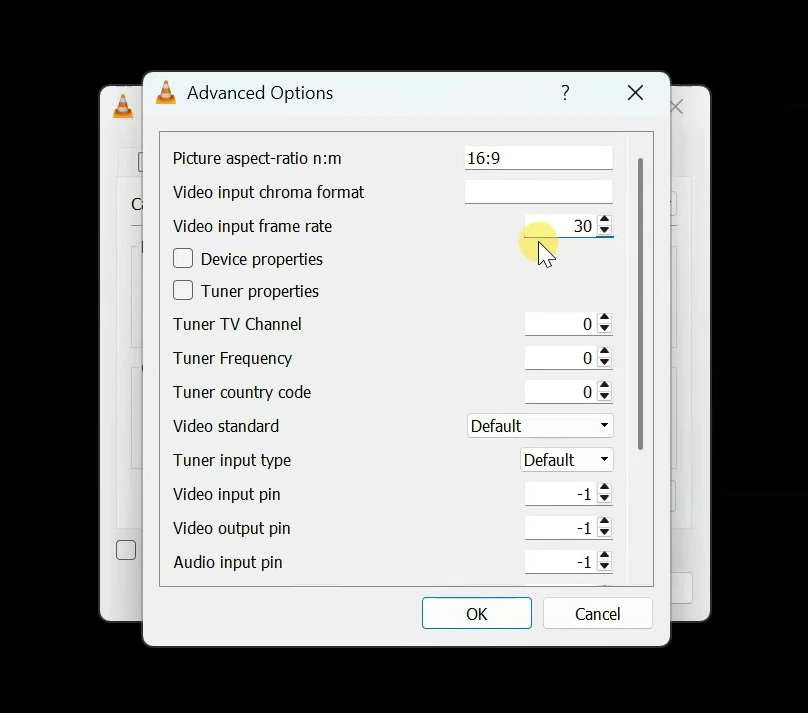 VLC Advanced Options set to a 16:9 aspect ratio and 30 fps frame rate.
