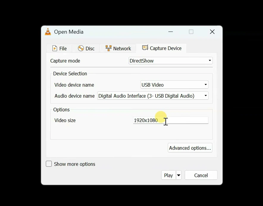 VLC Capture Device settings with Video size set to 1920x1080.