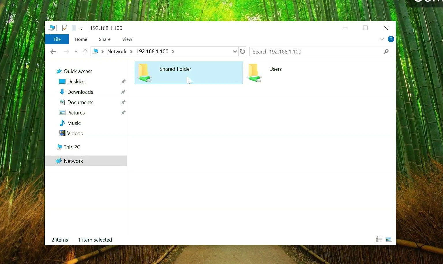 Shared Folder visible over the network in Windows File Explorer