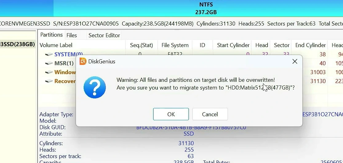 DiskGenius warning that partitions and files on the target SSD will be overwritten