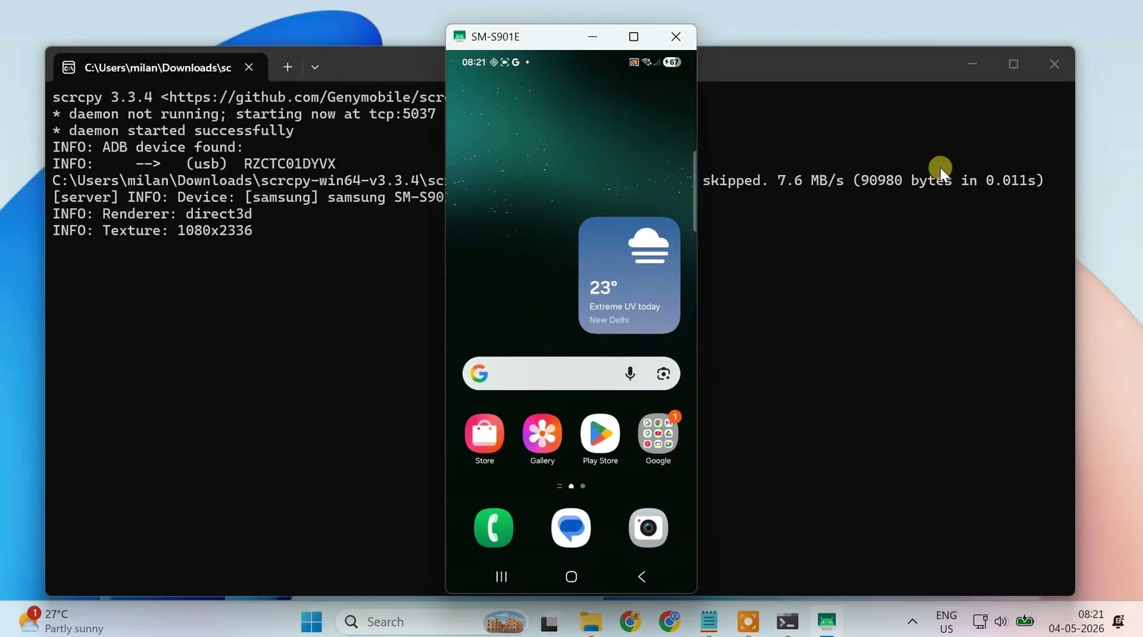 scrcpy terminal output beside a mirrored Samsung phone screen on Windows