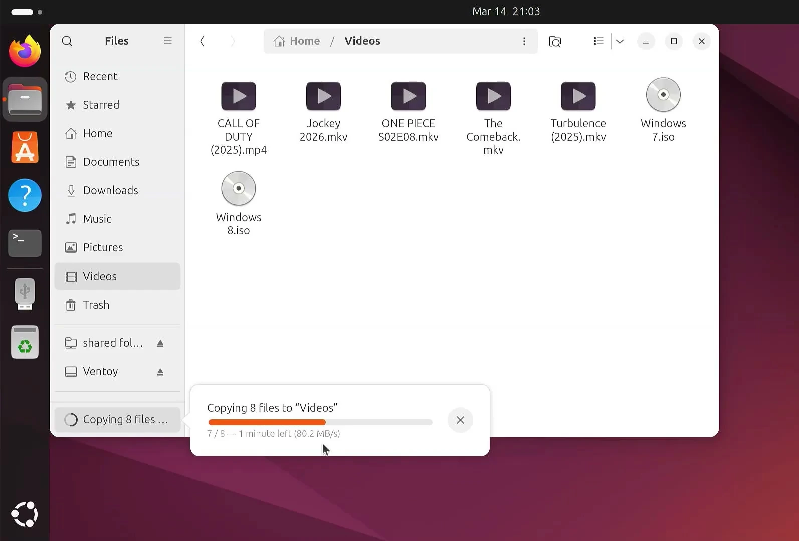 Ubuntu copying files from the Windows SMB share into the Videos folder