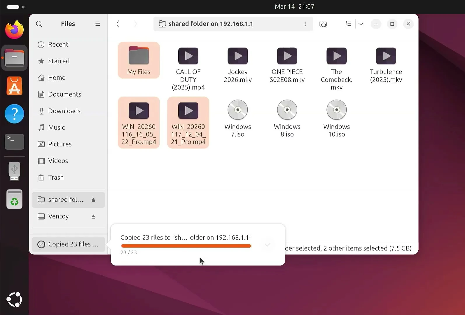 Ubuntu copying files into the shared Windows folder across an Ethernet connection
