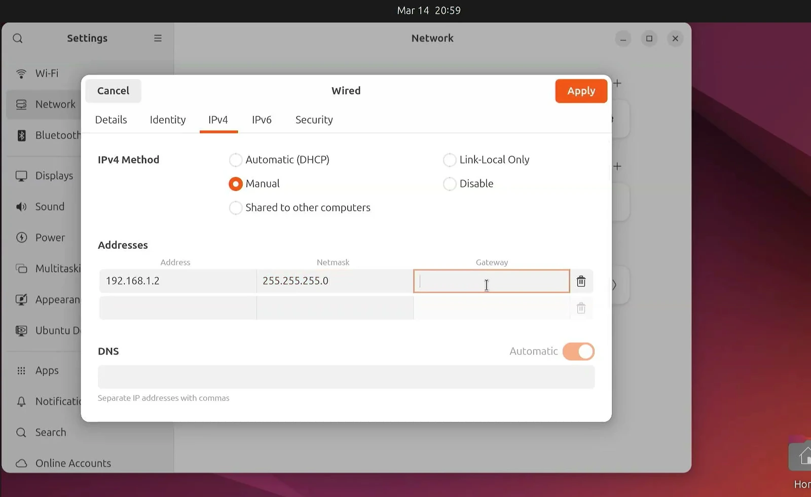 Ubuntu wired IPv4 settings using manual address 192.168.1.2 and netmask 255.255.255.0