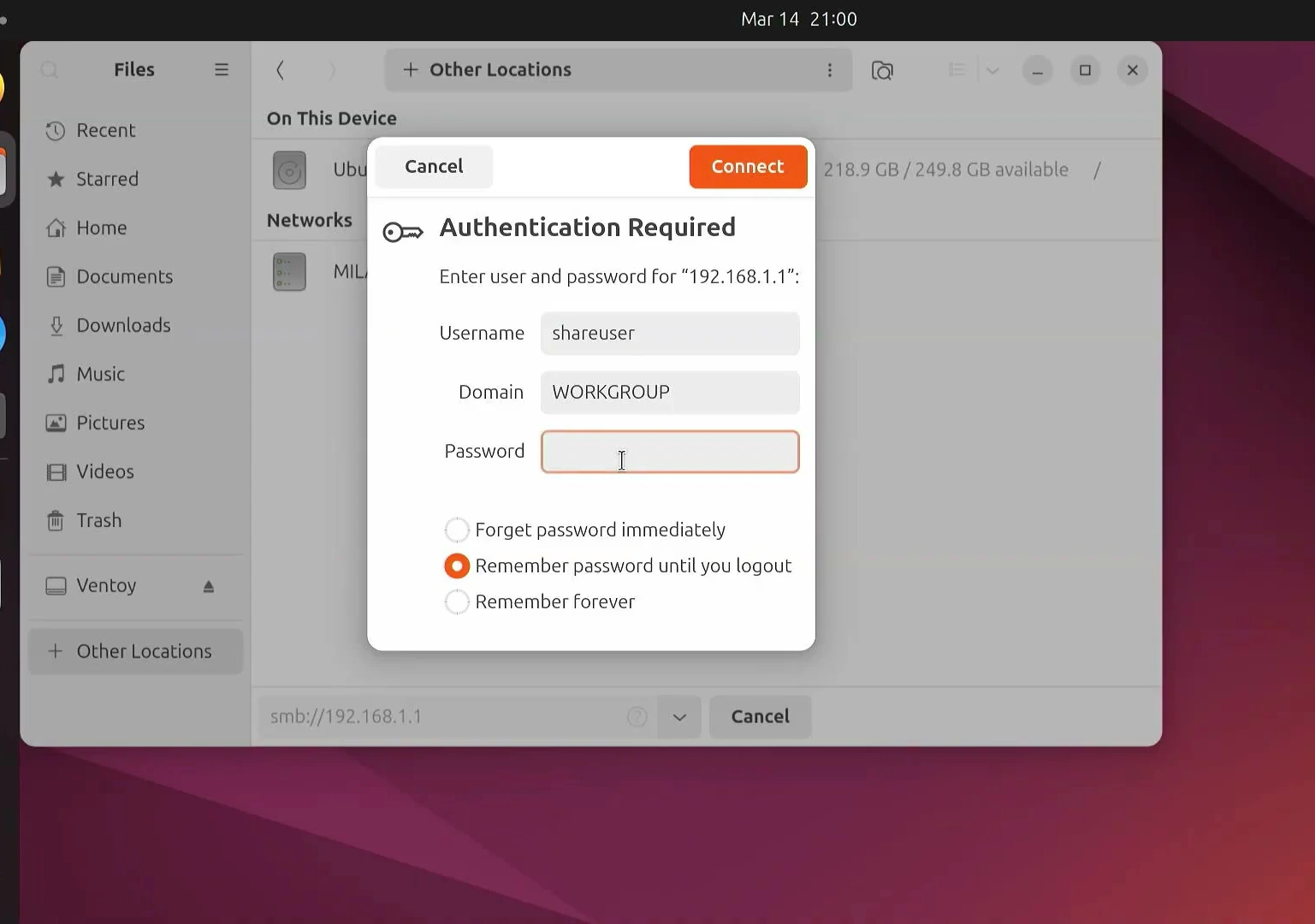Ubuntu SMB authentication dialog asking for the Windows share username and password