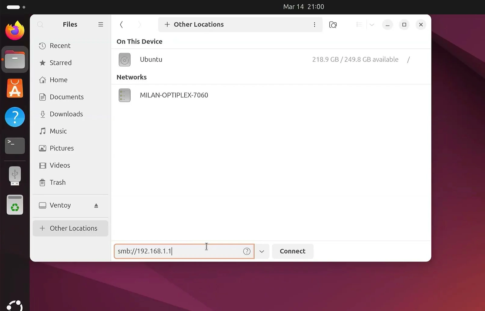 Ubuntu Files Other Locations screen connecting to Windows at smb://192.168.1.1