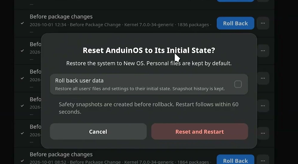 AnduinOS factory reset confirmation with the optional Roll back user data setting.