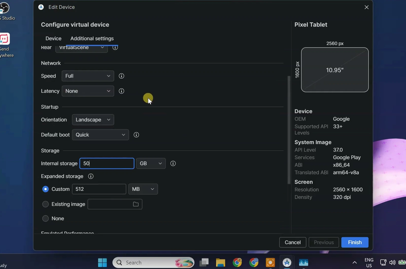 Android emulator settings with Landscape orientation and Quick boot selected