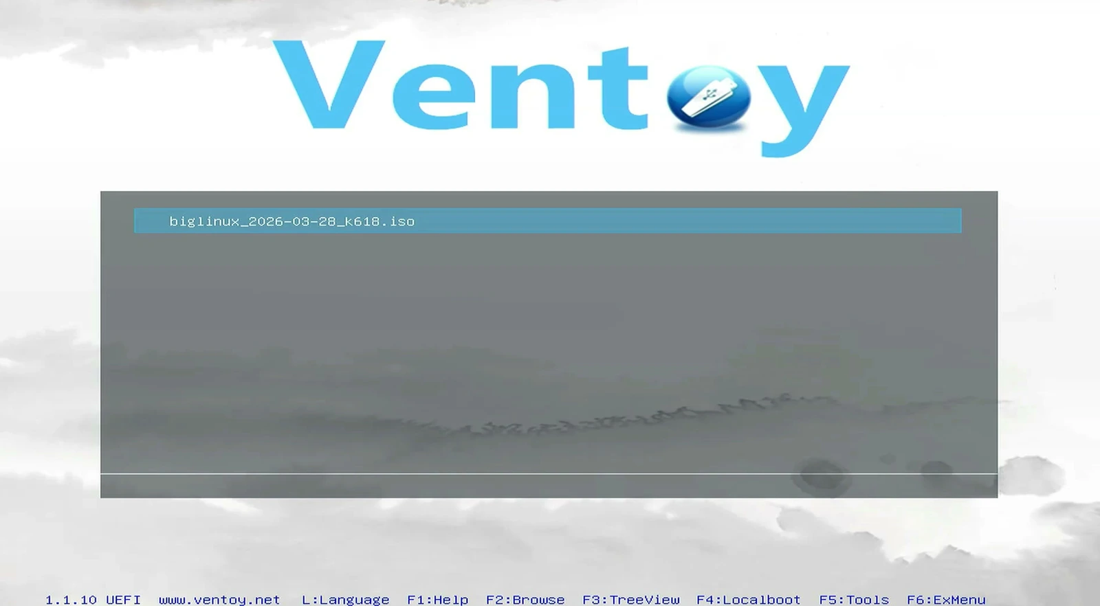 Ventoy boot menu with the BigLinux ISO file selected