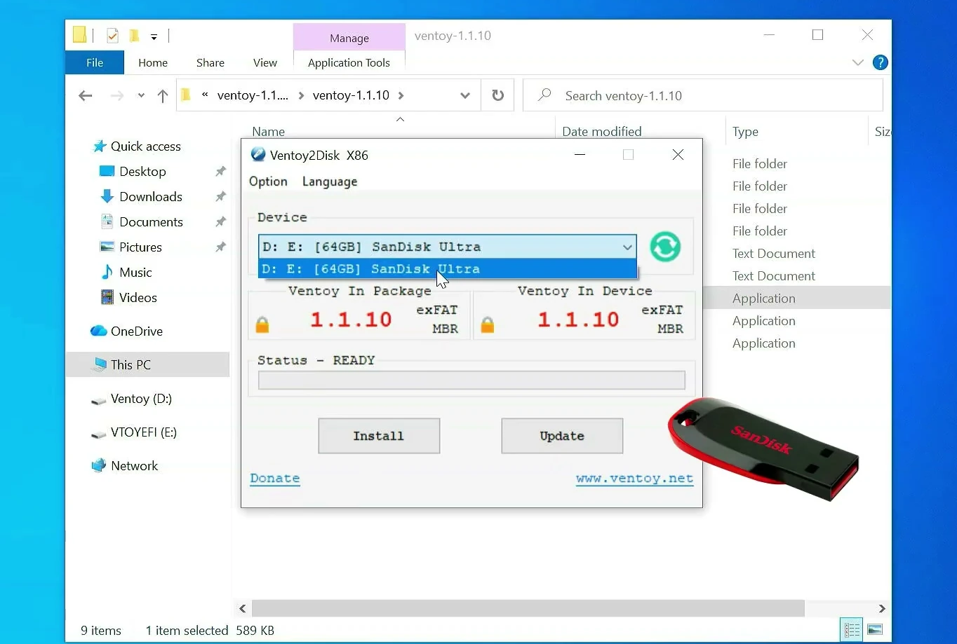 Ventoy utility showing the selected USB device and Install button