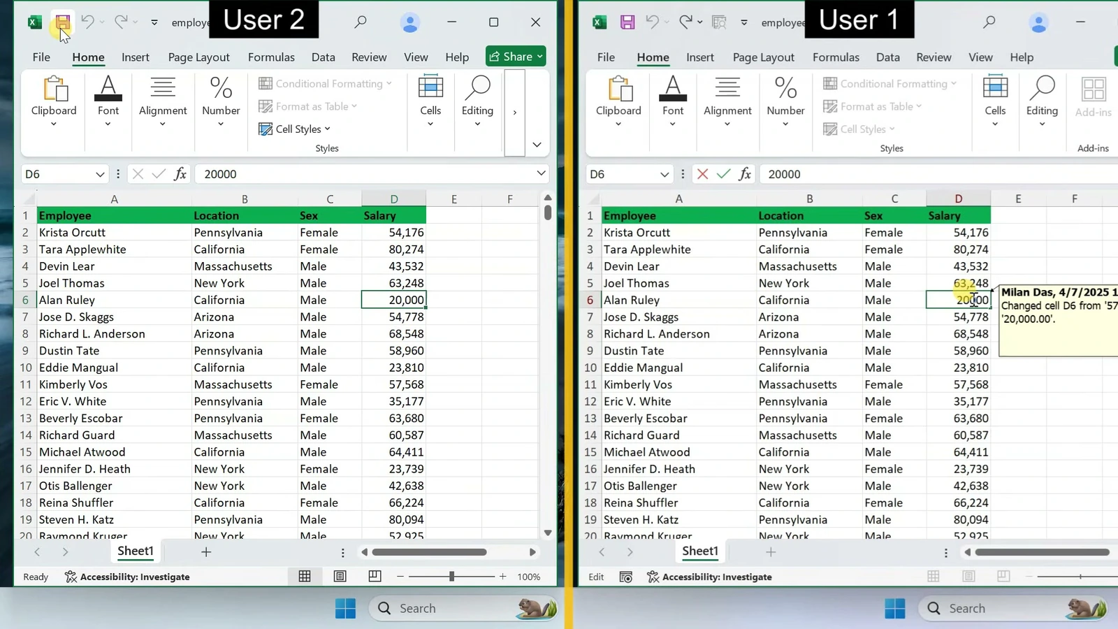 Two Excel windows showing a shared workbook change synchronized to User 1