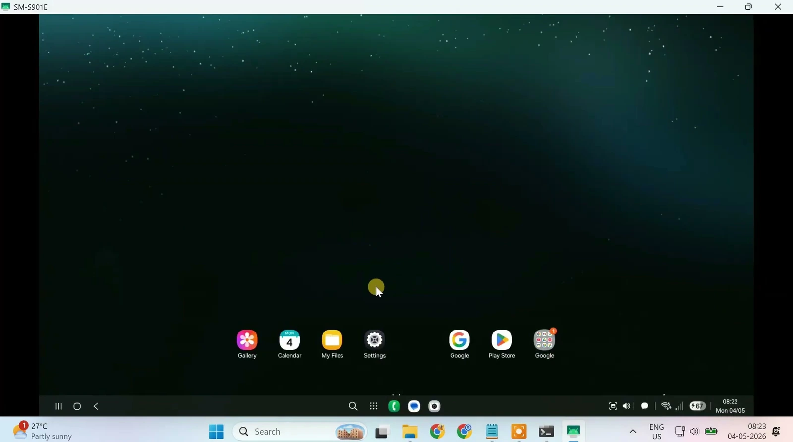 scrcpy window showing Android's landscape virtual desktop with a taskbar