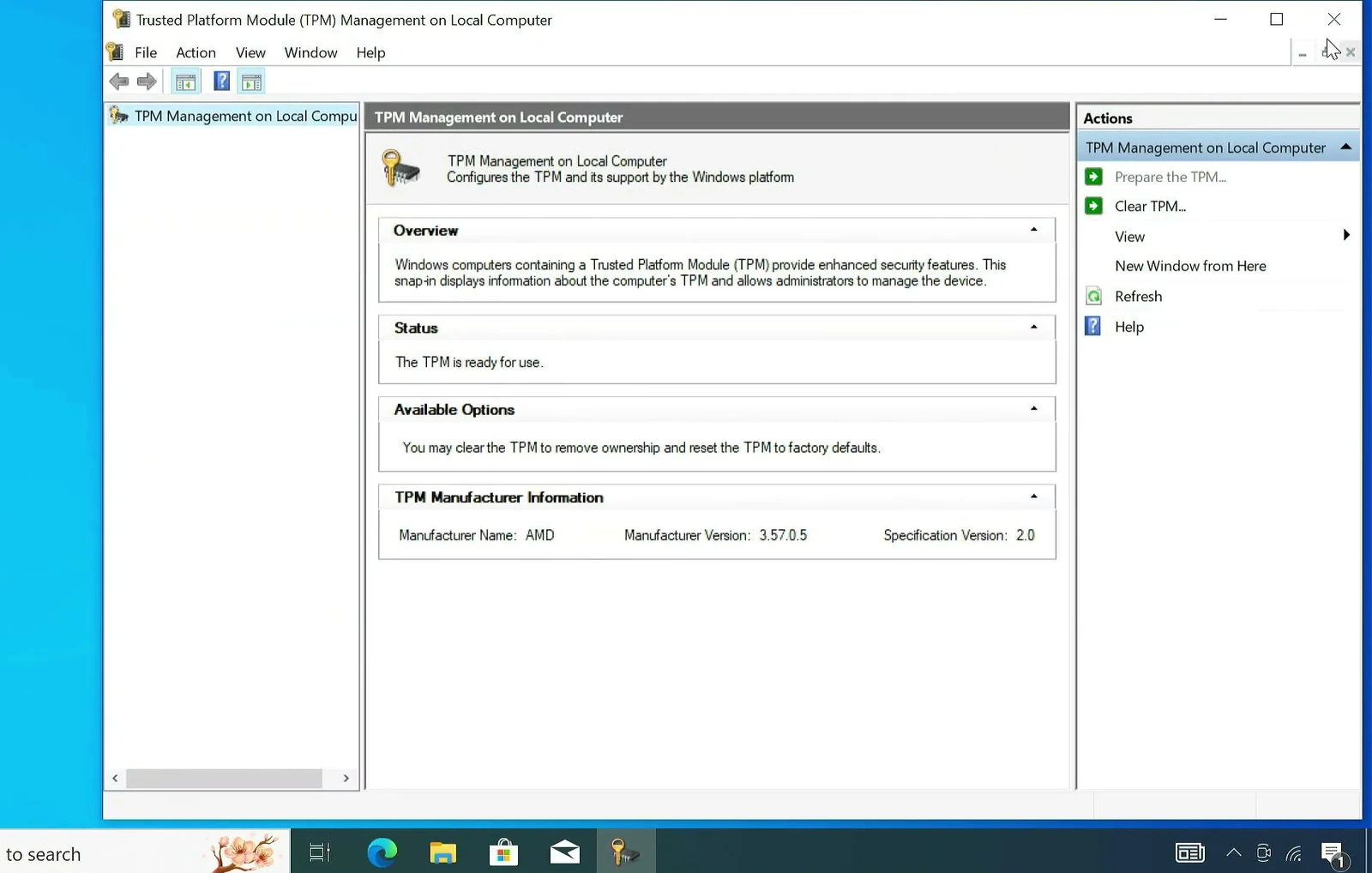 TPM Management confirming the TPM is ready for use with specification version 2.0.