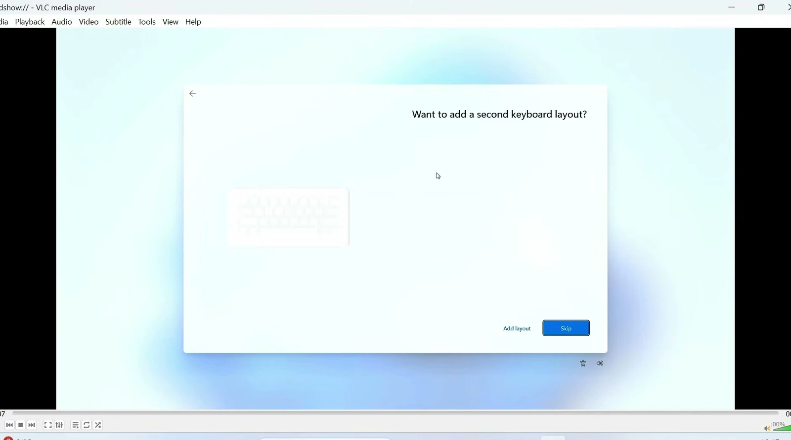 VLC displays the captured Windows setup screen from another computer.