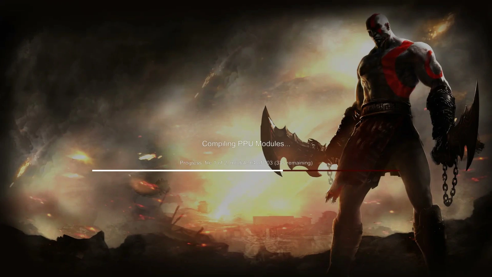 God of War III launch screen in RPCS3 showing Compiling PPU Modules progress.