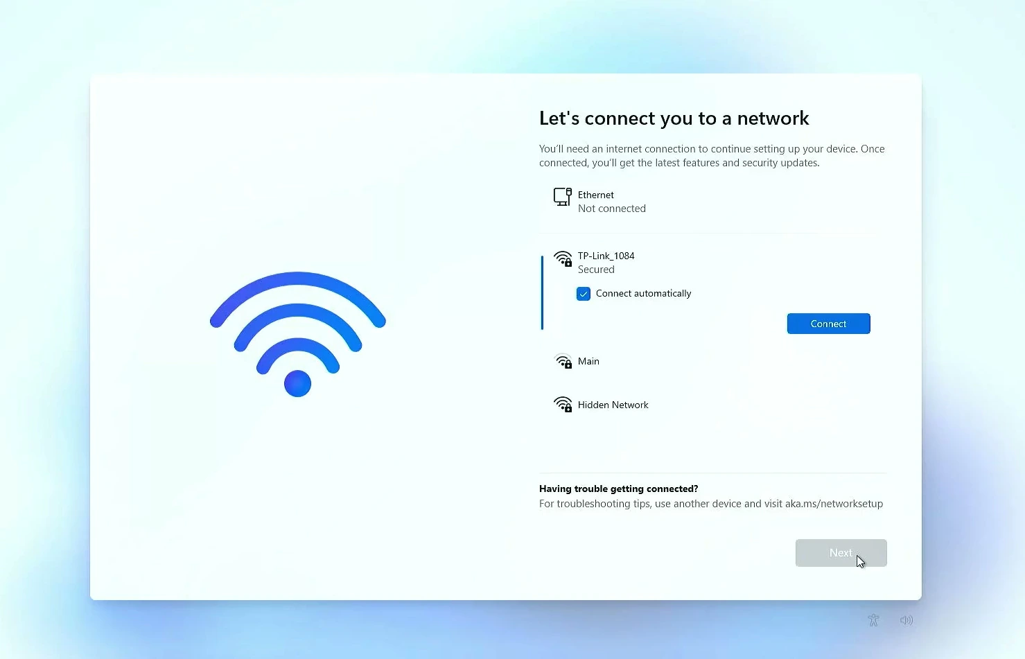 Windows 11 first-time setup screen showing Wi-Fi network choices