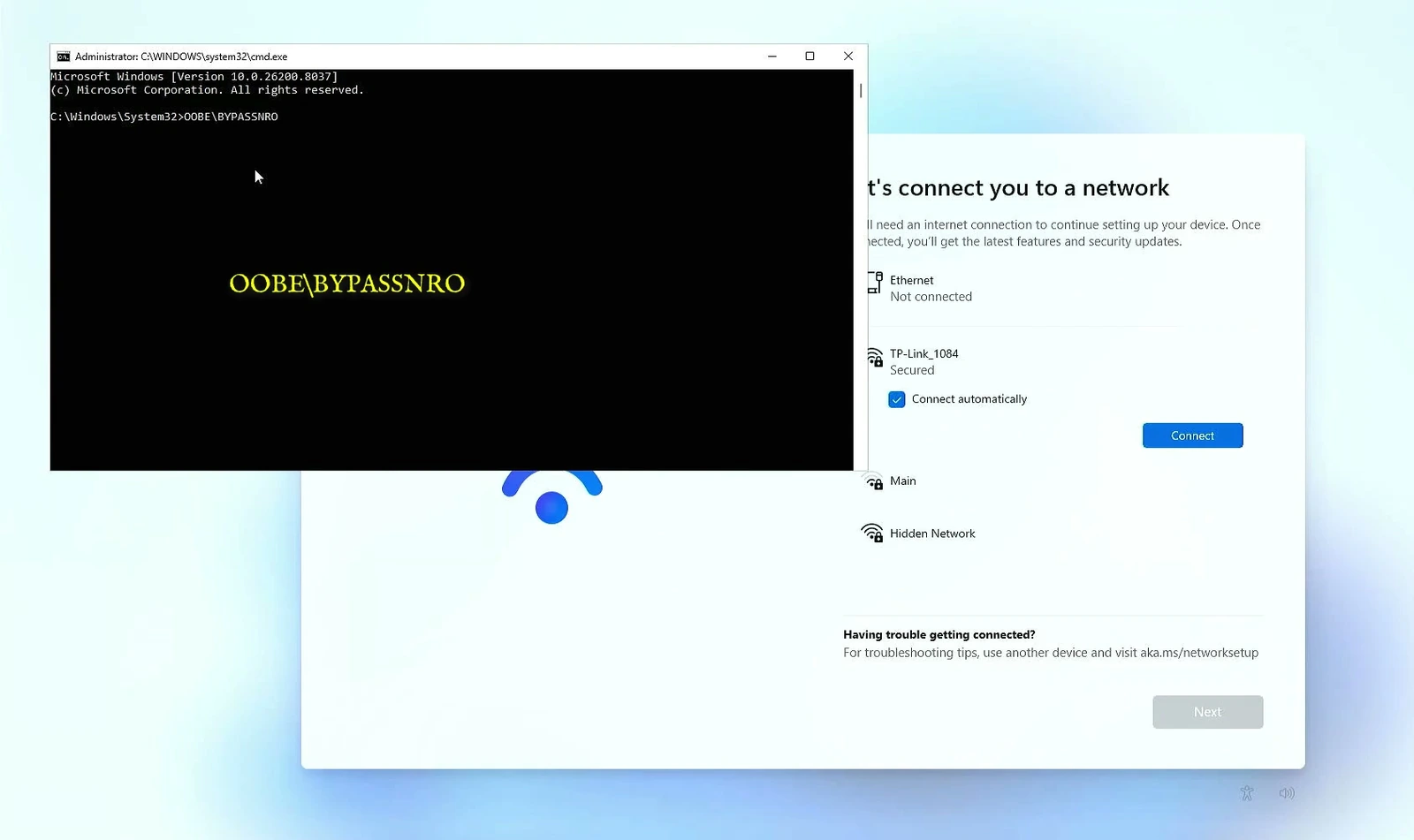 Legacy Windows setup Command Prompt showing OOBE backslash BYPASSNRO command