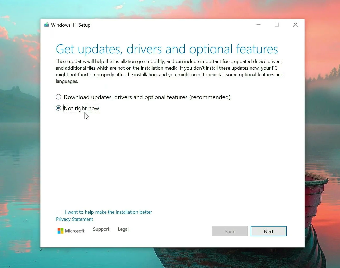 Windows Setup offering update downloads or the Not right now option