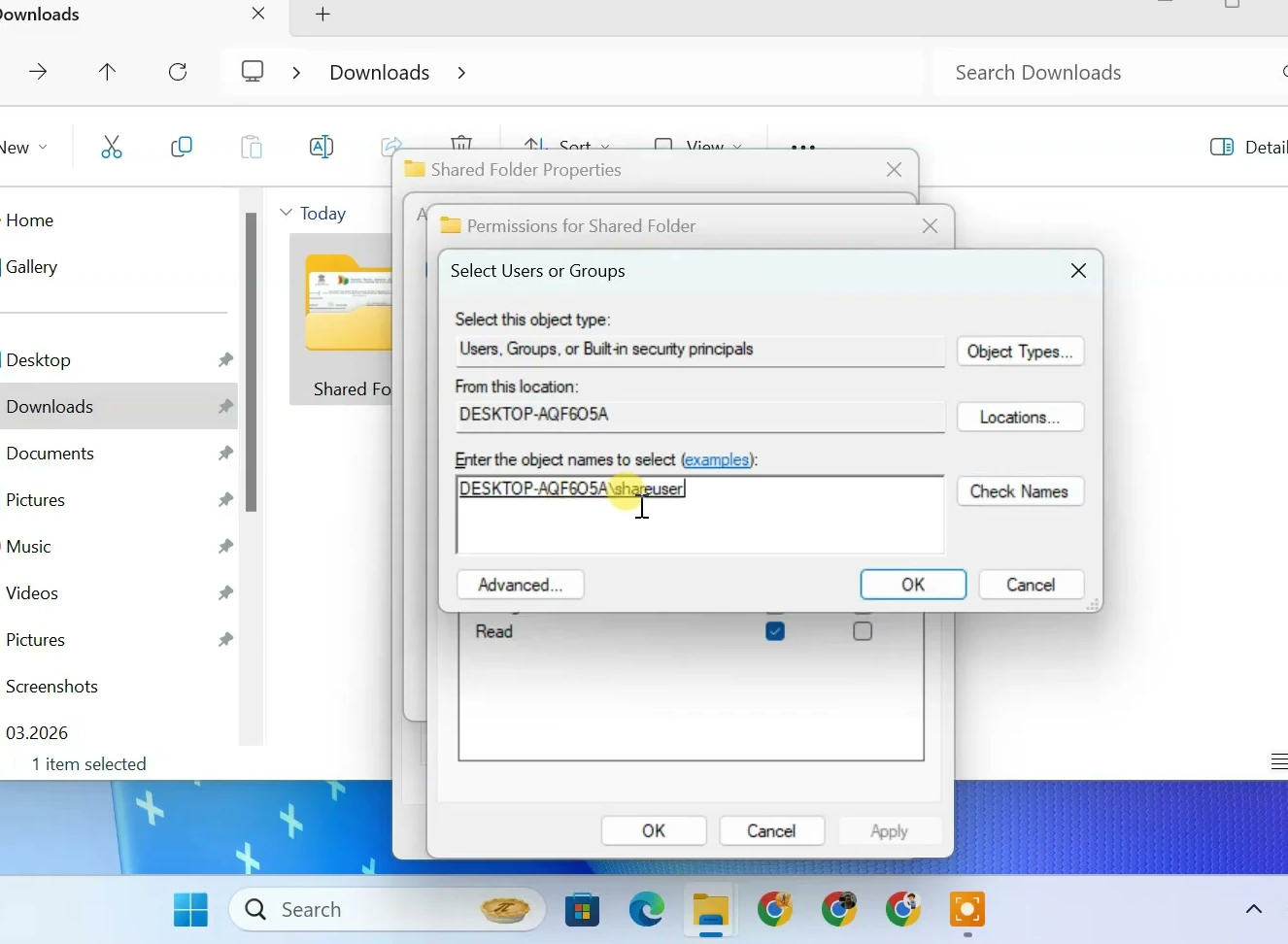 Windows shared folder permissions dialog for adding a dedicated local account
