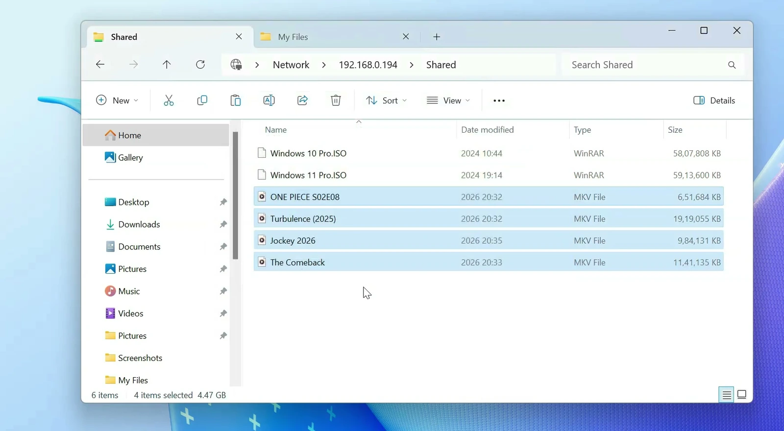 Files transferred between Windows and the shared Linux folder