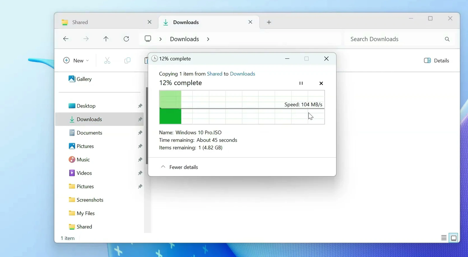 Windows File Explorer showing file transfer progress to the Linux share
