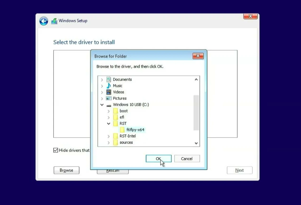 Windows Setup Browse dialog selecting the extracted driver directory